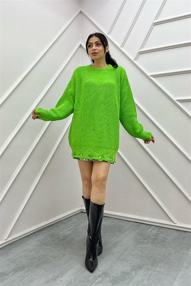 Yırtık Detaylı Triko Tunik Kazak Yeşil